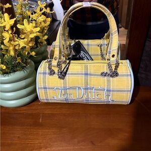 Von Dutch Yellow Plaid Mini Barrel Bag with Chain Accents